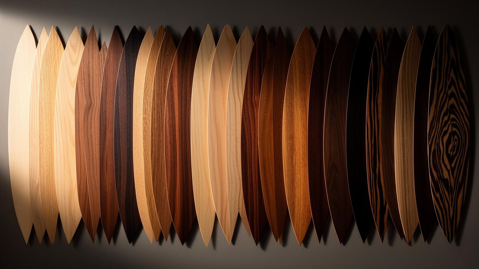 Curated wall display of 30+ wood veneer leaves spanning oak, walnut, smoked oak, ash, teak, sapele, wenge, ebony and zebrano