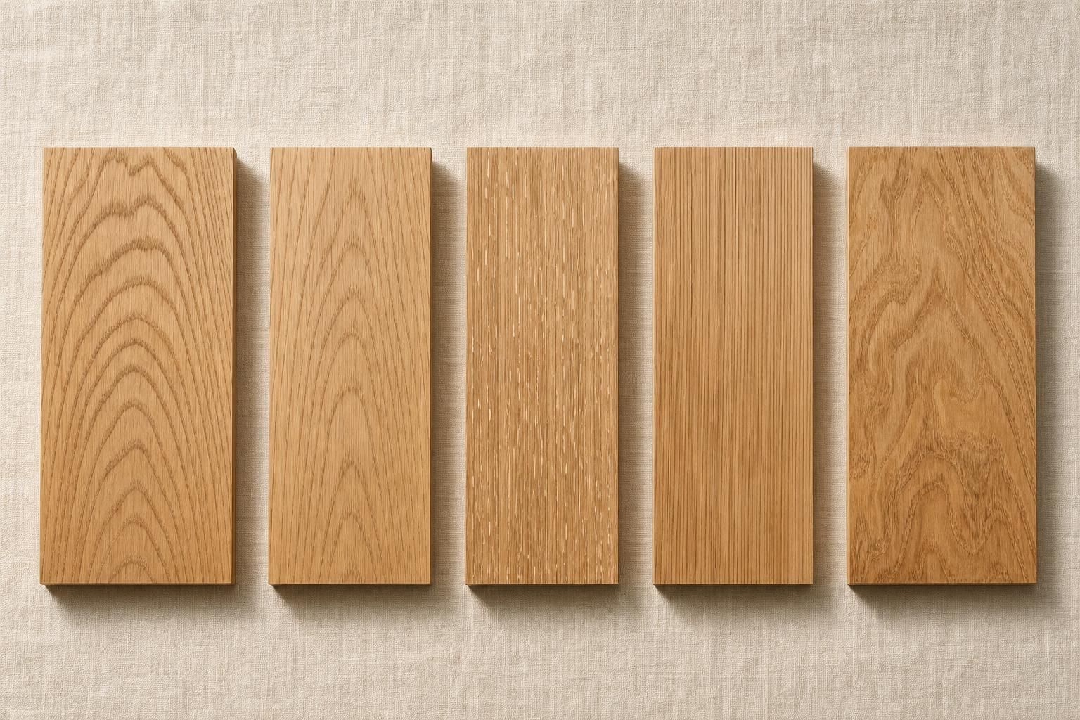 Five oak veneer samples demonstrating flat cut, crown cut, quarter cut, rift cut and rotary cut grain patterns
