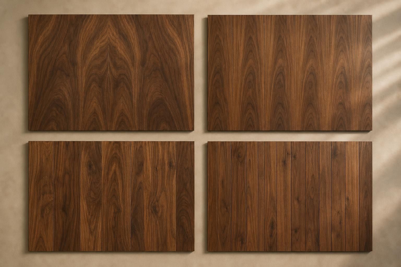 Four walnut veneer panels demonstrating book match, slip match, random match and plank match assembly patterns